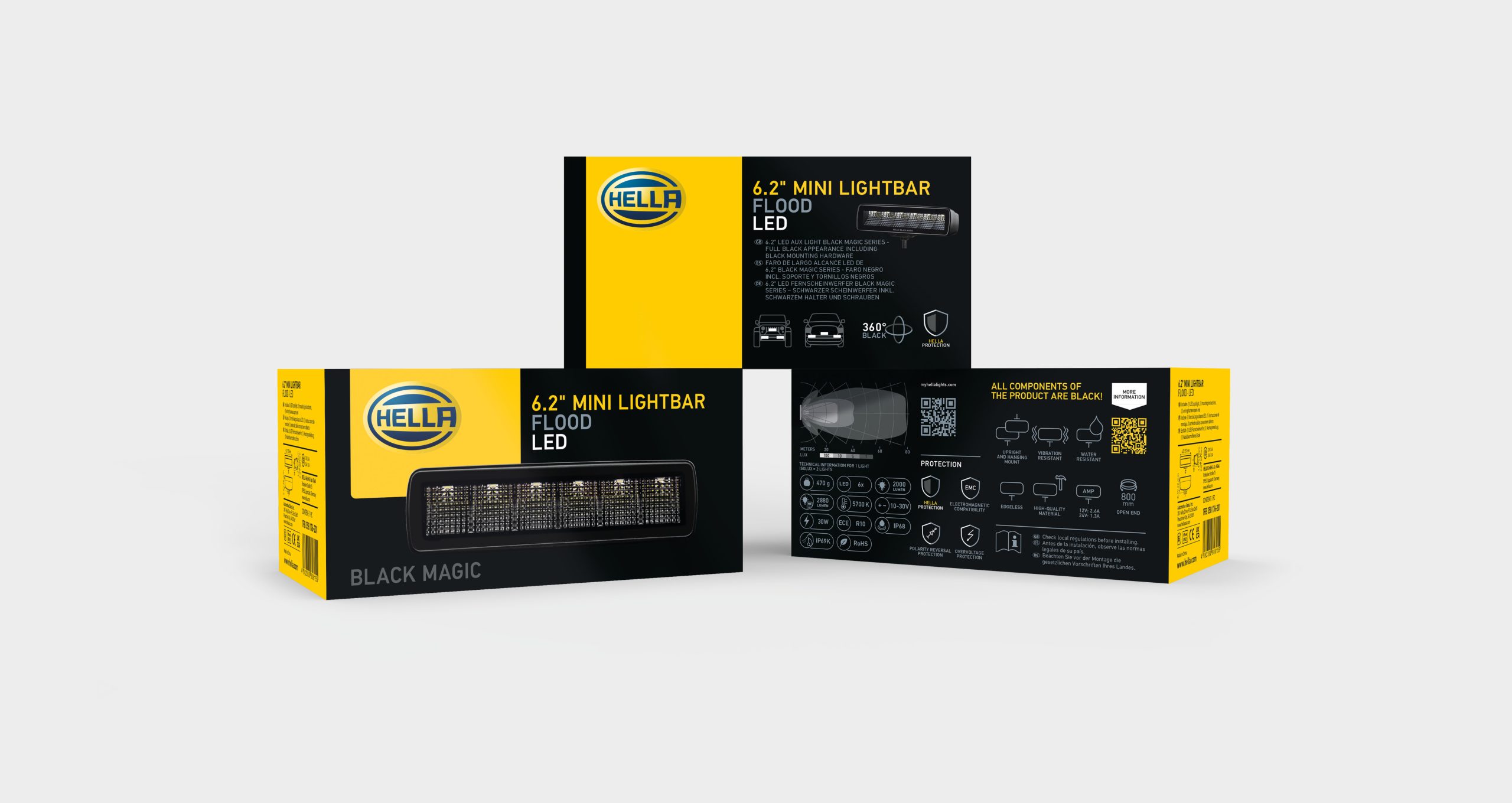 Adaptierbares, modulares Verpackungsdesign für HELLA Zusatzscheinwerfer Black Magic. Adaptable, modular packaging design for HELLA Black Magic auxiliary headlights.