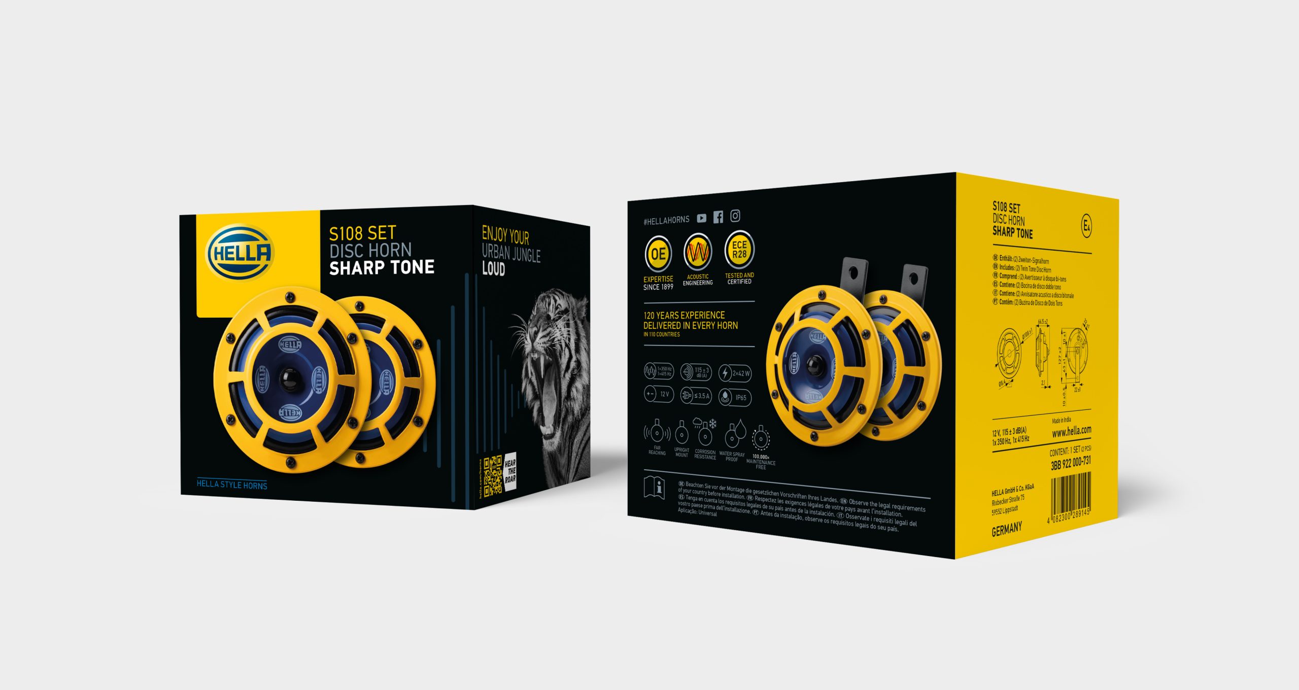 Adaptierbares, modulares Verpackungsdesign für HELLA Hörner & Fanfaren. Adaptable, modular packaging design for HELLA horns and fanfares.