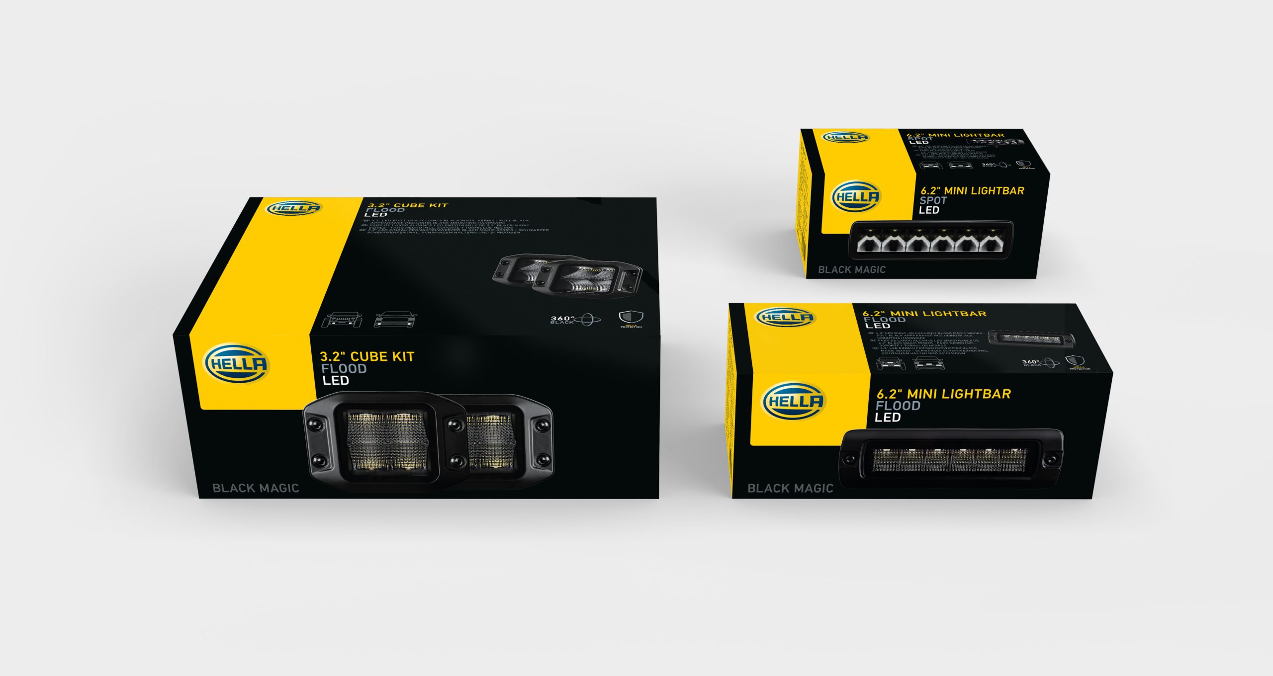 Adaptierbares, modulares Verpackungsdesign für HELLA Zusatzscheinwerfer Black Magic. Adaptable, modular packaging design for HELLA Black Magic auxiliary headlights.