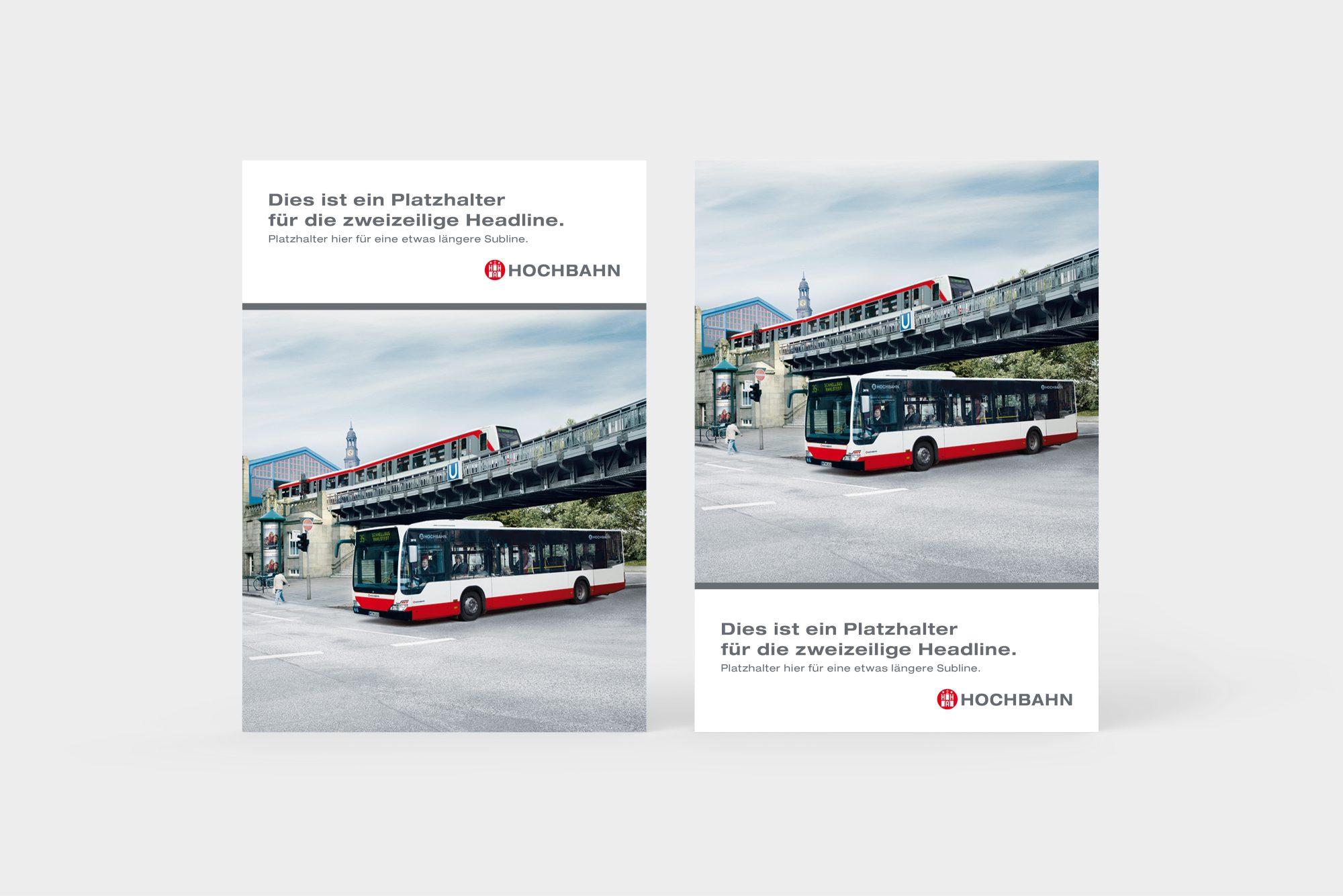 Zwei freigestellte Titelblätter im systematischen Corporate Design. der Hamburger Hochbahn AG. Bei der linken Abbildung ist das Branding oben, bei der rechten unten angebracht.