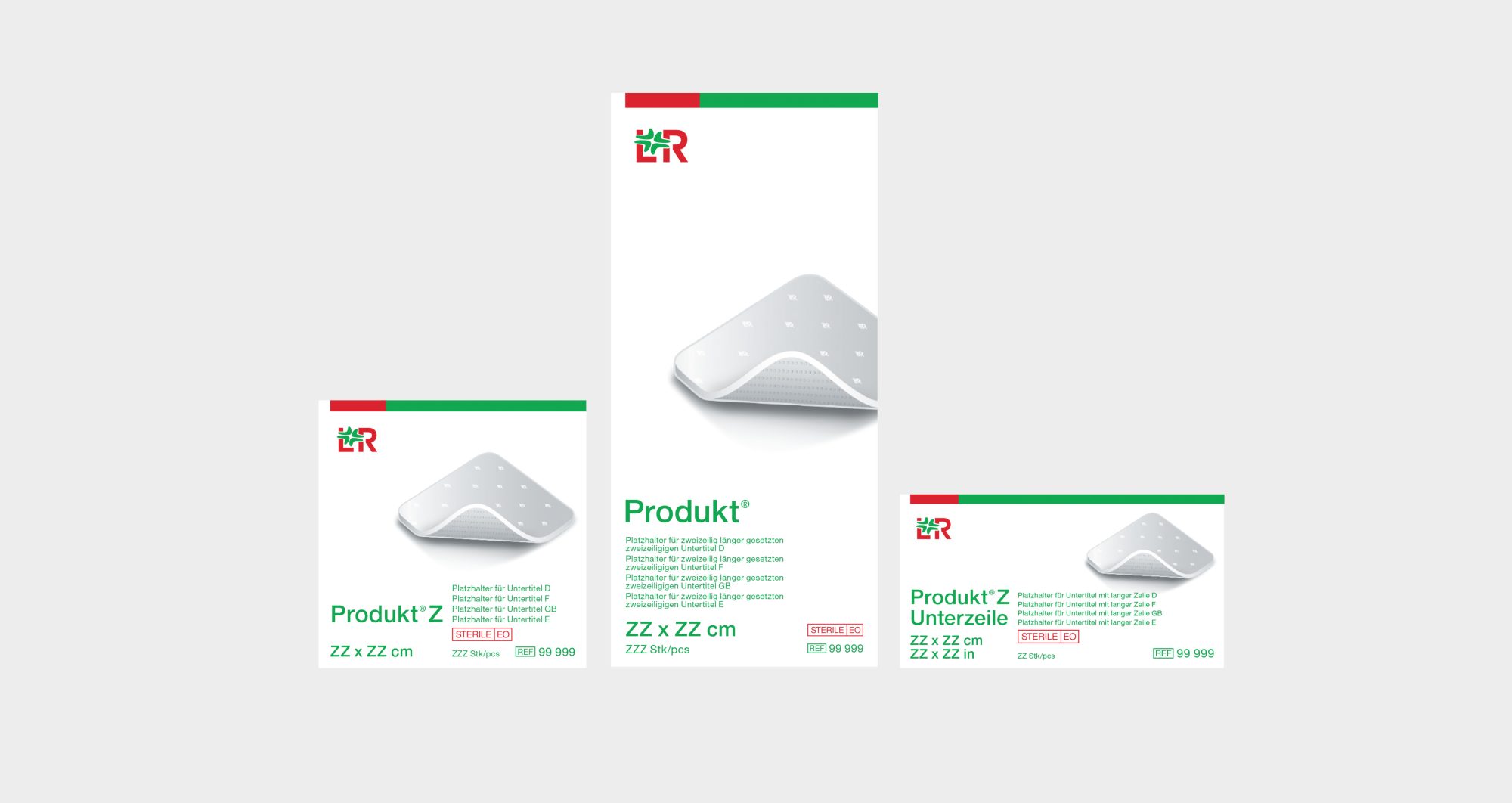 Drei freigestellte Verpackungen für Verbandsmaterial im skalierbaren Verpackungsdesign für Lohmann & Rauscher.