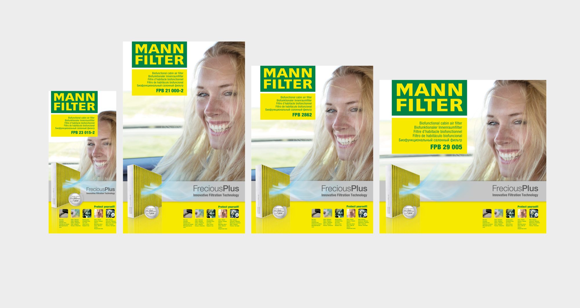 Freigestellte Verpackungen mit dem skalierbaren Verpackungsdesign für MANN-FILTER Frecious Plus.